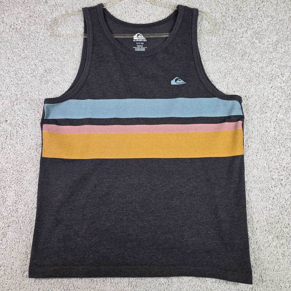 Quiksilver Shirt Mens S Dark Grey Heather Retro Stripe‎ Surf Graphic Tank Top